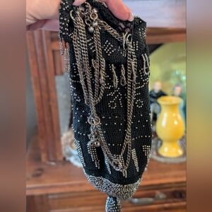 Black Beaded Evening Bag with Silver Chains